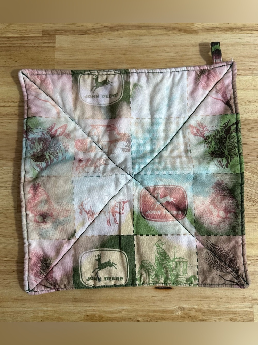 John Deere Patchwork Quilted Pot Holder in Green, Pink and Blue